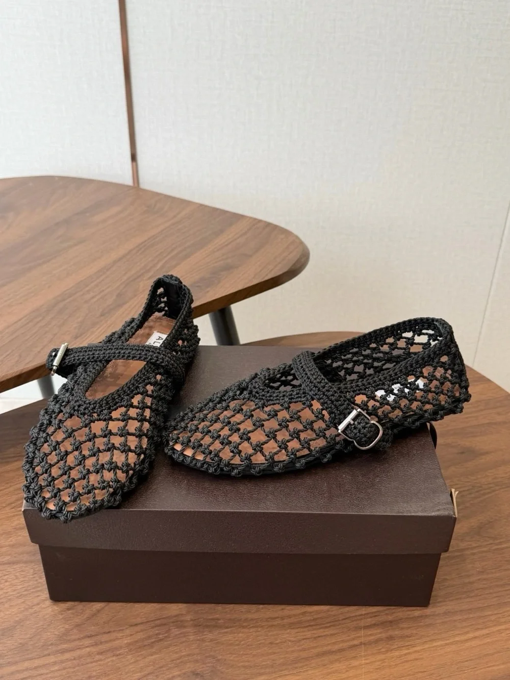 Alaia Black Crochet Mary Jane Flats with Buckle Strap
